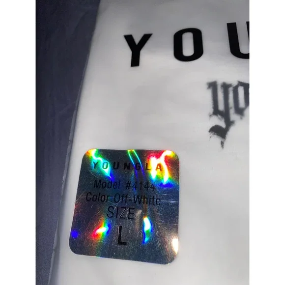 YOUNGLA Mens Off-White Distressed T-Shirt Graphic Print Size Large Oversized Tee - Picture 6 of 6